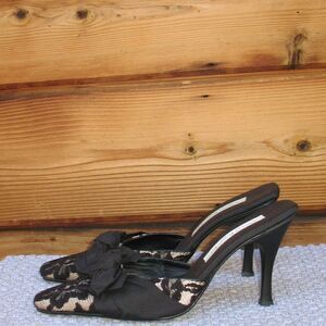 Black Lace Bow Mules Shoes Heels